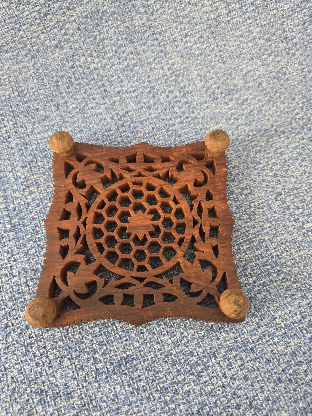 Vintage hand-carved Footed wooden trivet 5
